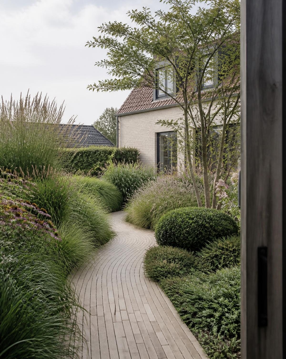 Illustratief beeld van een voortuin met natuurlijk pad en beplanting