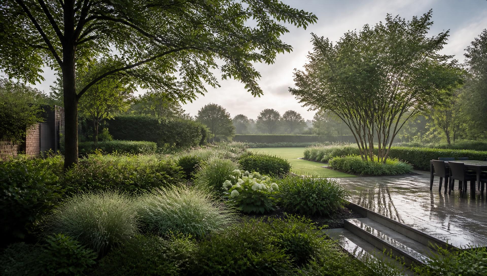 Illustratief beeld van een ruime, groene tuin