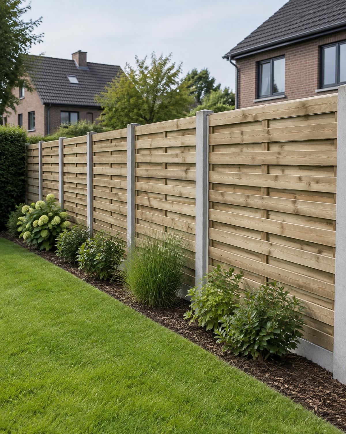 Illustratief beeld van een houten afsluiting langs een tuin